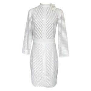 GUESS NWT Venus Mesh Dress Sz M Sheer Sheath Midi Long Sleeve Striped White Flaw